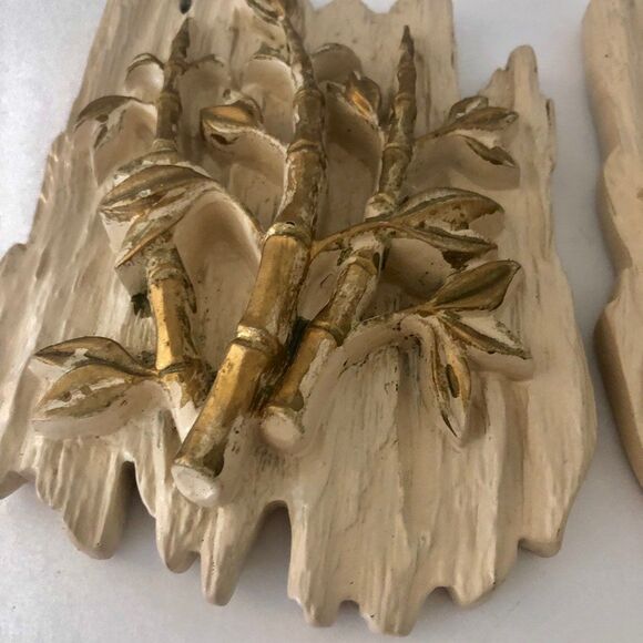 2 Floral Chalkware 3-D Wall Hangings MCM Hand Painted Gold Mid-Century Decor - Picture 4 of 10